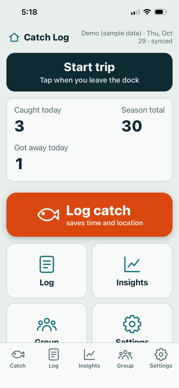 Catch Log home screen with a big orange Log catch button, today's catches and the season total